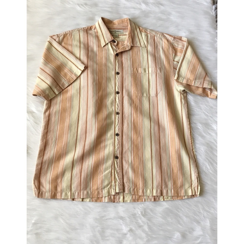 Tommy Bahama Shirt Mens Large Orange Button Up Short Sleeve Stripes Linen Blend